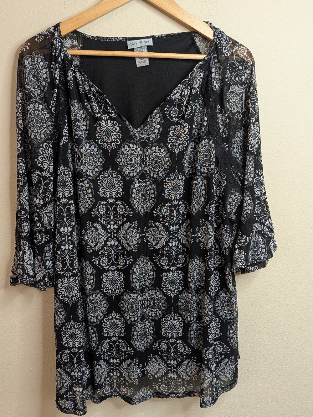 Catherines Medallion‎ Print Mesh Top | Plus Size 1X | Black White | Lace Trim